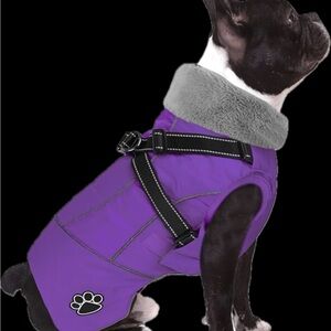 Premium Purple Dog Winter Coat with Faux Fur Collar and Harness Strap M